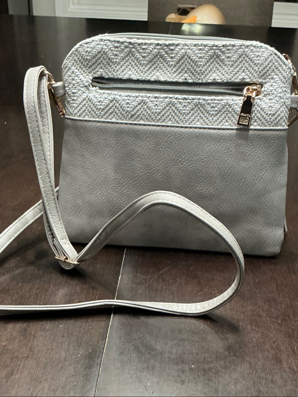 Textured Light Gray Crossbody Bag with Front Zip Pocket